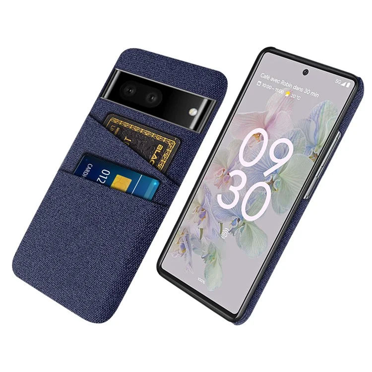 Case de Teléfono de Textura de Tela Para Google Pixel 7, Cubierta de PC Dura Anti-scratch Con Ranuras Para Tarjetas Duales - Azul