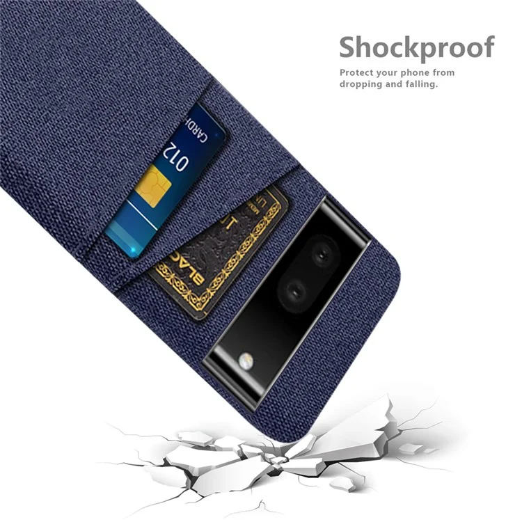 Case de Teléfono de Textura de Tela Para Google Pixel 7, Cubierta de PC Dura Anti-scratch Con Ranuras Para Tarjetas Duales - Azul