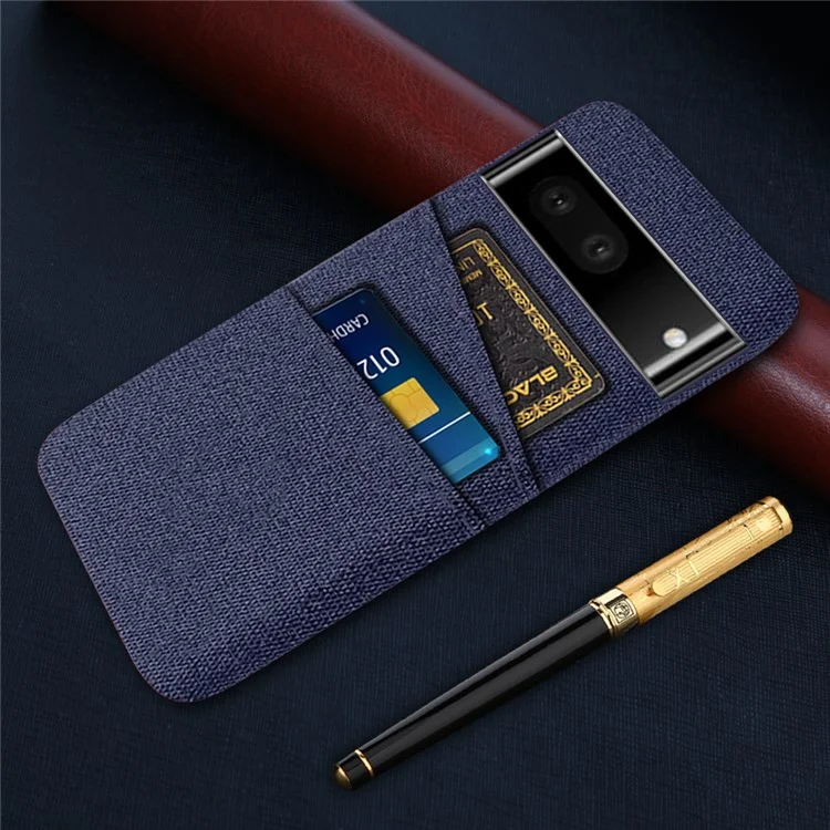 Case de Teléfono de Textura de Tela Para Google Pixel 7, Cubierta de PC Dura Anti-scratch Con Ranuras Para Tarjetas Duales - Azul