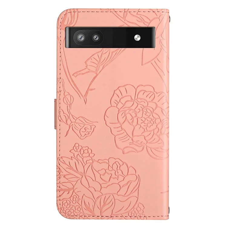 Butterfly Flowers Imprinting Fingerprint Free PU Leather Phone Shell for Google Pixel 6a, Pattern Imprinting Design Wallet Stand Case with Handy Strap - Pink