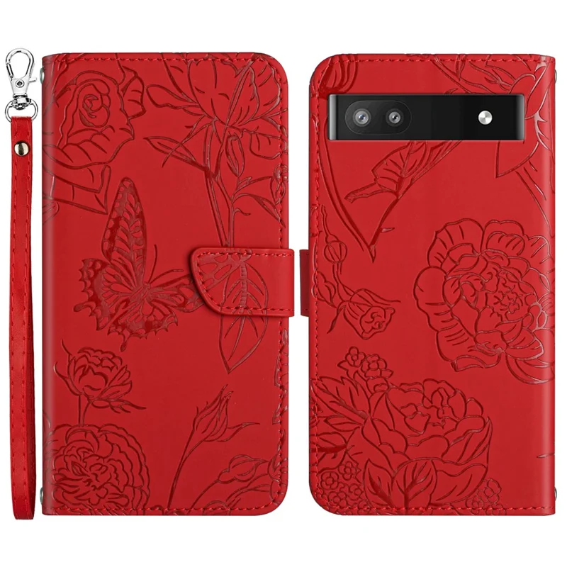 Butterfly Flowers Imprinting Fingerprint Free PU Leather Phone Shell for Google Pixel 6a, Pattern Imprinting Design Wallet Stand Case with Handy Strap - Red