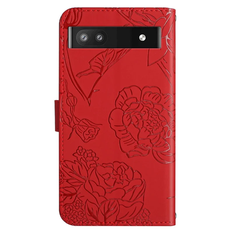 Butterfly Flowers Imprinting Fingerprint Free PU Leather Phone Shell for Google Pixel 6a, Pattern Imprinting Design Wallet Stand Case with Handy Strap - Red
