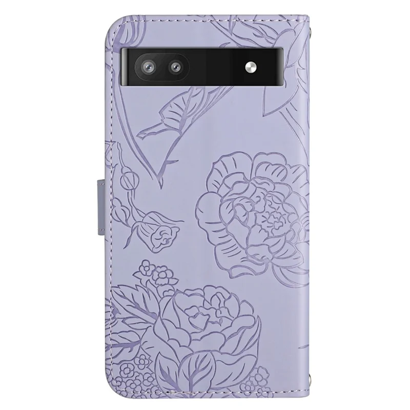 Butterfly Flowers Imprinting Fingerprint Free PU Leather Phone Shell for Google Pixel 6a, Pattern Imprinting Design Wallet Stand Case with Handy Strap - Light Purple