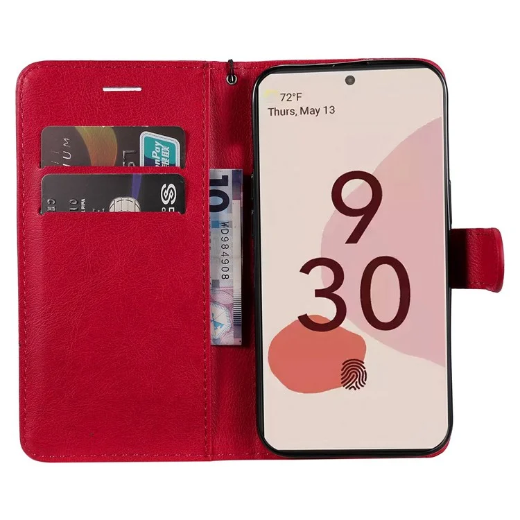 For Google Pixel 7 Pro 5G Case Solid Color Leather Mobile Cover Wallet Stand with Strap - Red