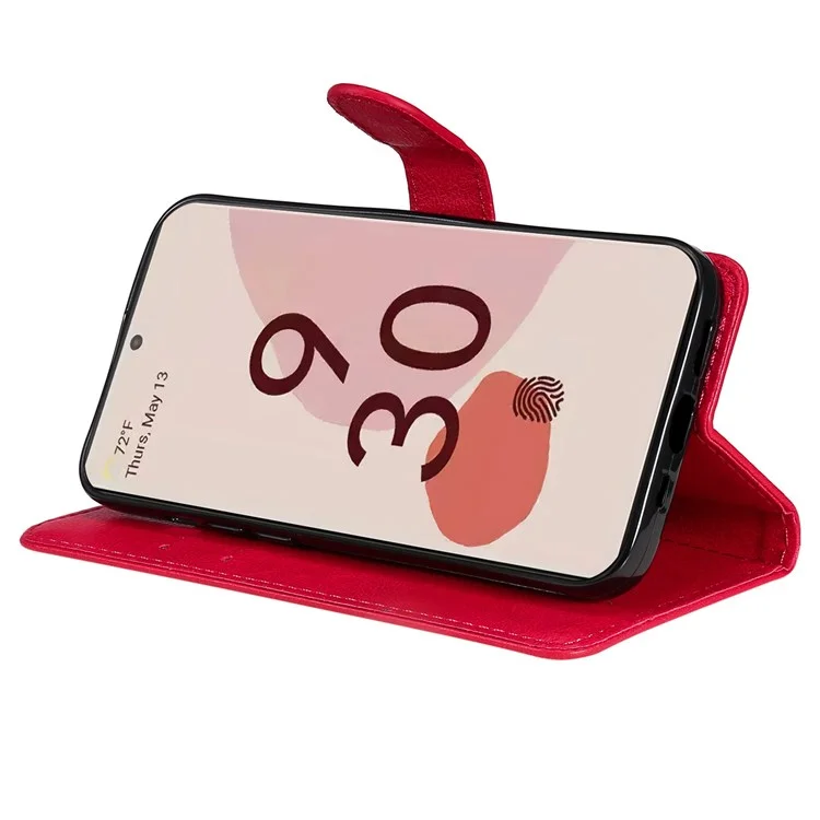 For Google Pixel 7 Pro 5G Case Solid Color Leather Mobile Cover Wallet Stand with Strap - Red