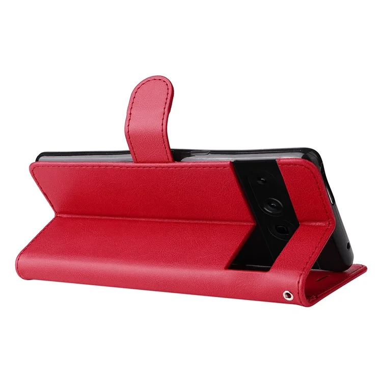 For Google Pixel 7 Pro 5G Case Solid Color Leather Mobile Cover Wallet Stand with Strap - Red