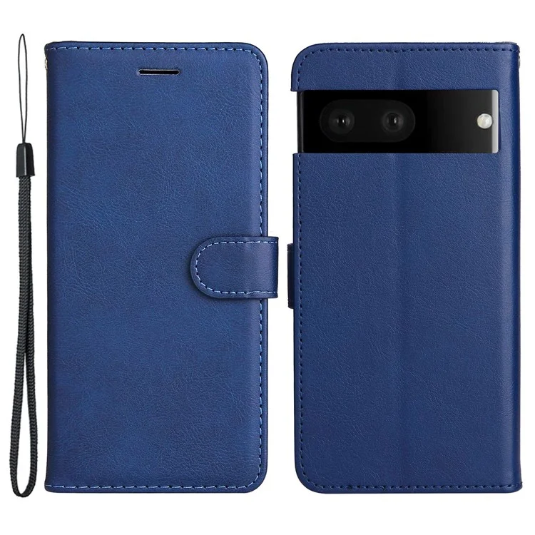 Série KT Leather-2 pour Google Pixel 7 Phone Flip Cover Housse en cuir PU Design portefeuille anti-poussière Support souple intérieur en TPU Coque de protection à rabat pour téléphone avec sangle - Bleu