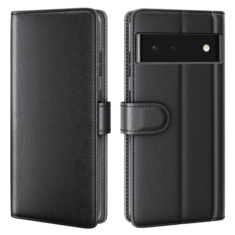 Split Leather Genuine Leather Case for Google Pixel 6, Wallet Stand Folio Flip Protective Cover - Black