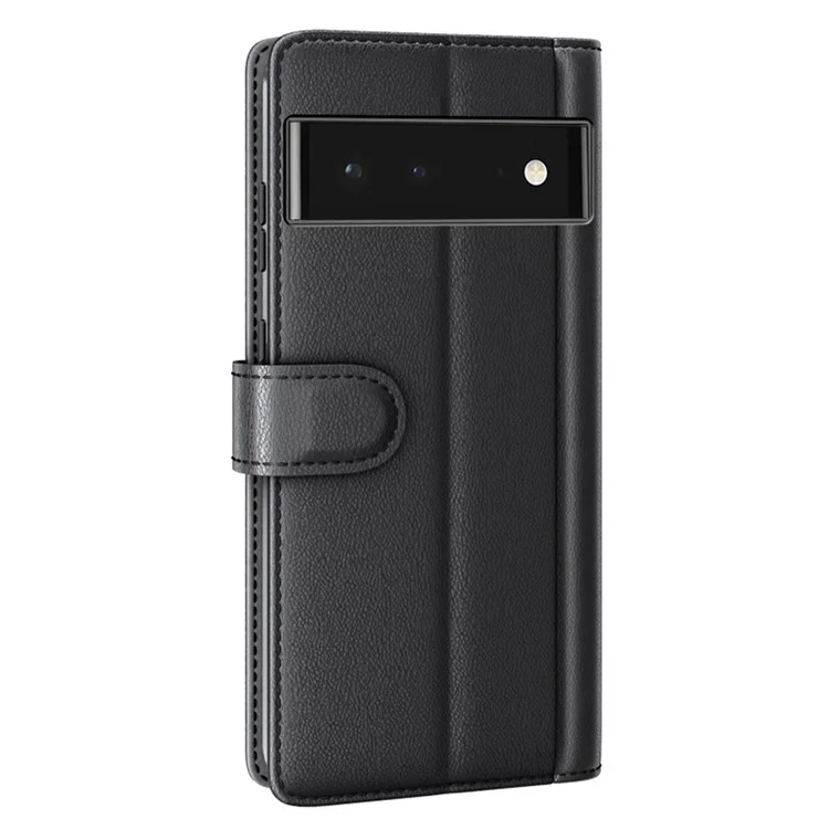 Split Leather Genuine Leather Case for Google Pixel 6, Wallet Stand Folio Flip Protective Cover - Black