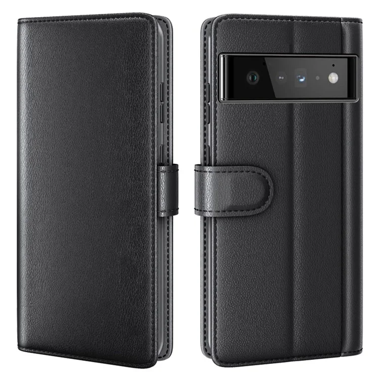 Для Google Pixel 6 Pro Split Leather Genuine Leather Phone Case Stand Wallet Magnetic Clasp Cover - Black