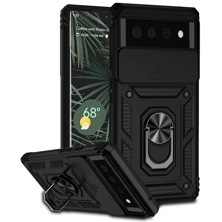 Per Google Pixel 6 Ring Holder Metal Kickstand Phone Case Hard PC + TPU Shell with Slide Camera Protection Cover - Nero