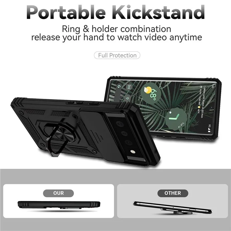 Per Google Pixel 6 Ring Holder Metal Kickstand Phone Case Hard PC + TPU Shell with Slide Camera Protection Cover - Nero