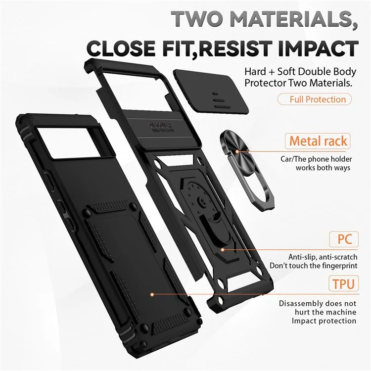 Per Google Pixel 6 Ring Holder Metal Kickstand Phone Case Hard PC + TPU Shell with Slide Camera Protection Cover - Nero