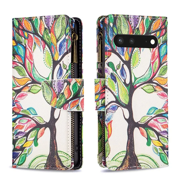 Для Google Pixel 7 BF Pattern Printing Leather Series-4 03-Style Zippered Leather Phone Shell Wallet + Adjustable Stand Folio Flip Phone Case - Life Tree