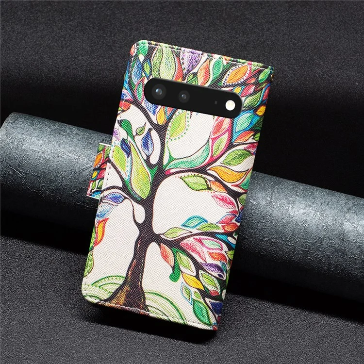 Для Google Pixel 7 BF Pattern Printing Leather Series-4 03-Style Zippered Leather Phone Shell Wallet + Adjustable Stand Folio Flip Phone Case - Life Tree