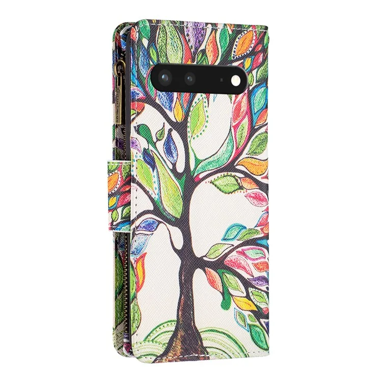 Для Google Pixel 7 BF Pattern Printing Leather Series-4 03-Style Zippered Leather Phone Shell Wallet + Adjustable Stand Folio Flip Phone Case - Life Tree