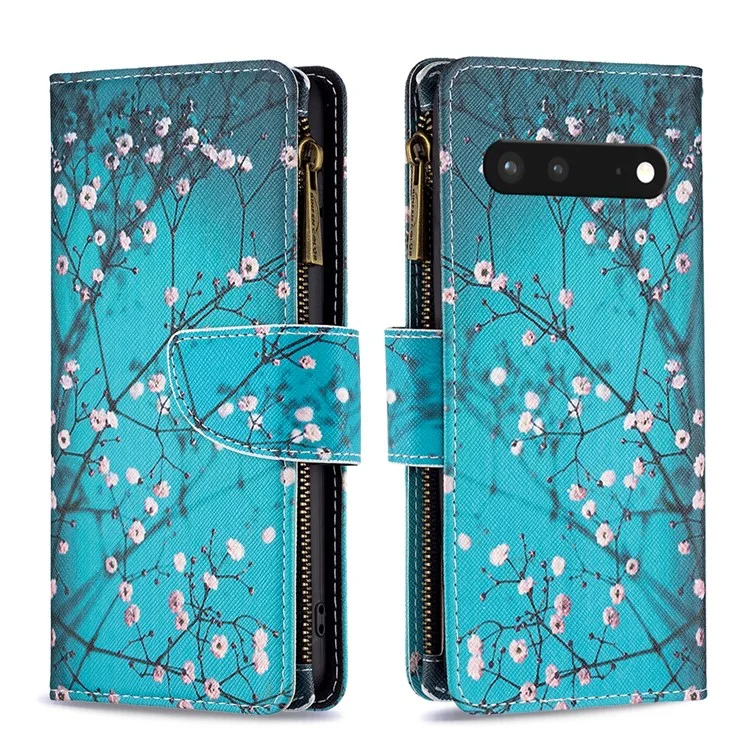 Para Google Pixel 7 BF Pattern Printing Leather Series-4 03-Style Zippered Leather Phone Shell Wallet + Ajustable Stand Folio Flip Phone Case - Winter Sweet
