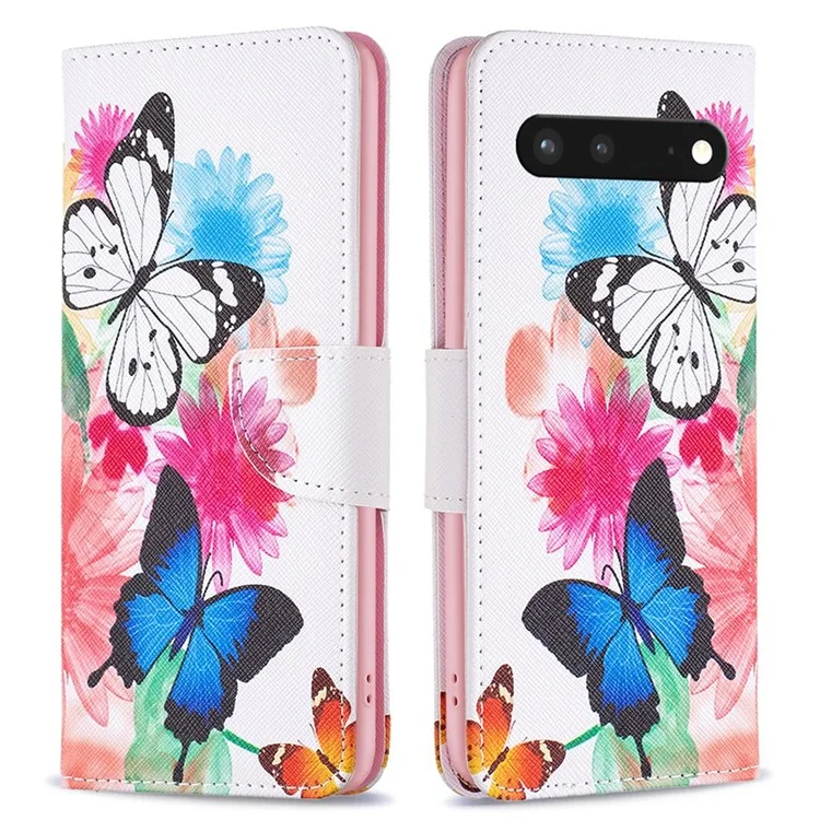 Série de cuir à motif BF Pattern Printing-1 pour Google Pixel 7 Étui portefeuille en cuir PU avec fermoir magnétique Motif imprimé Support de protection - Deux papillons