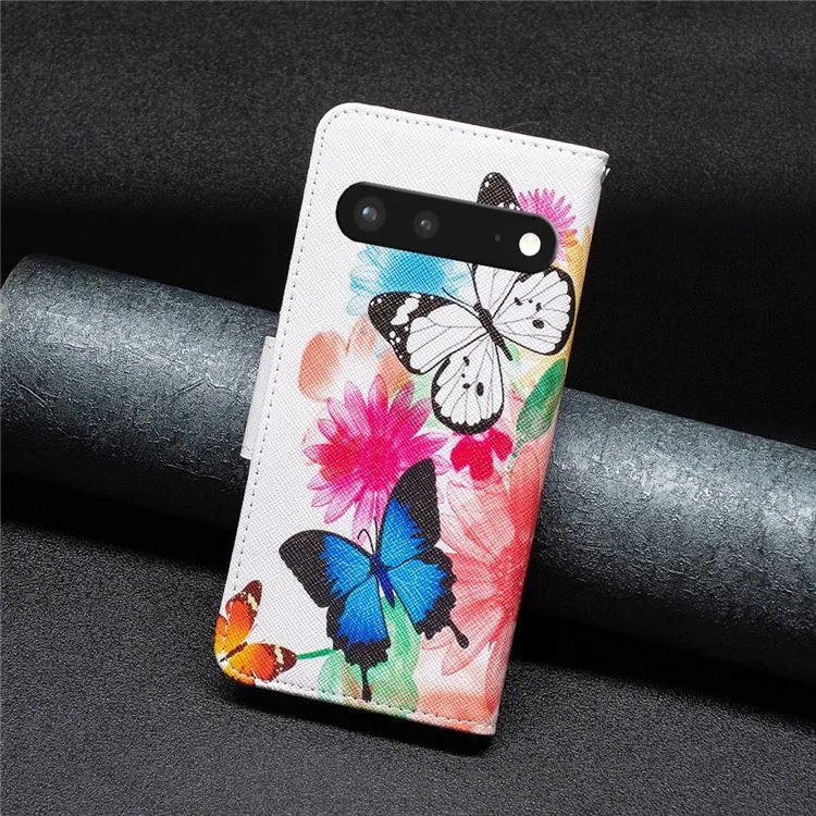 Série de cuir à motif BF Pattern Printing-1 pour Google Pixel 7 Étui portefeuille en cuir PU avec fermoir magnétique Motif imprimé Support de protection - Deux papillons