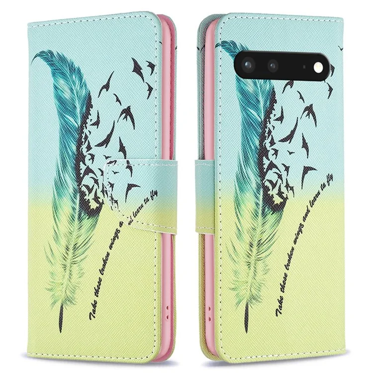 For Google Pixel 7 5G Phone Case Pattern Printing PU Leather Wallet Stand Cover - Feather and Birds
