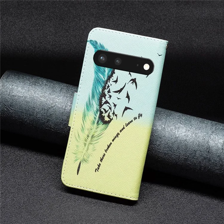 For Google Pixel 7 5G Phone Case Pattern Printing PU Leather Wallet Stand Cover - Feather and Birds