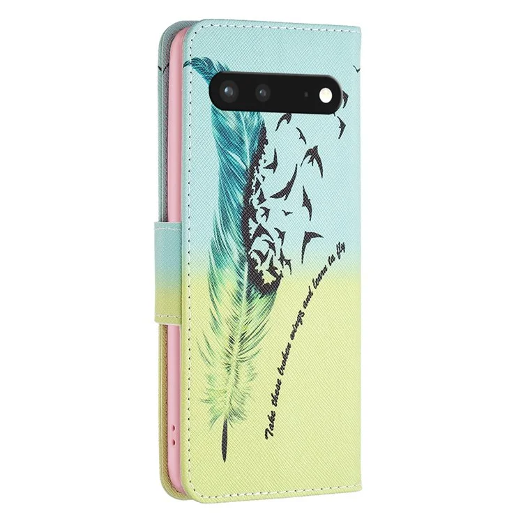 For Google Pixel 7 5G Phone Case Pattern Printing PU Leather Wallet Stand Cover - Feather and Birds
