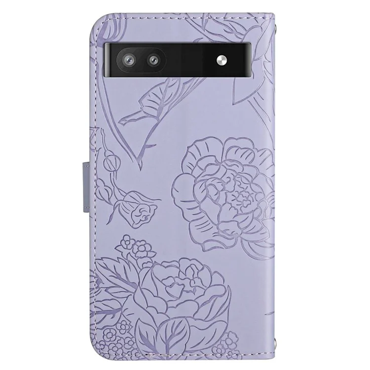 For Google Pixel 6a TPU+PU Leather Phone Case, Skin-touch Feeling Stand Butterfly Flowers Imprinting Pattern Wallet Cover with Shoulder Strap - Light Purple