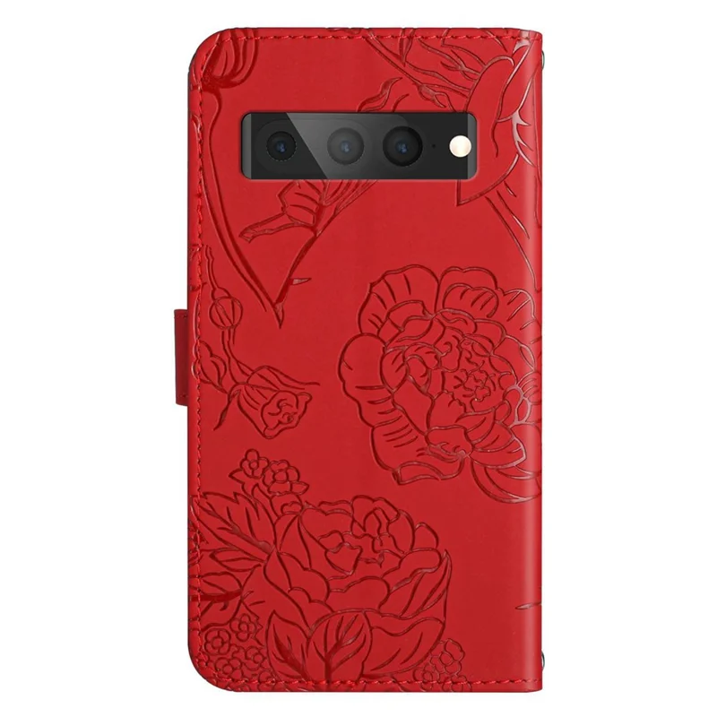 For Google Pixel 7 Pro 5G Case Leather and TPU Stand Butterfly Flowers Imprinting Pattern Wallet Cover with Shoulder Strap - Red