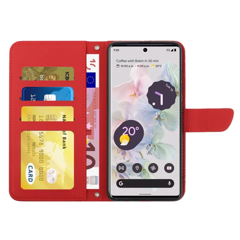 For Google Pixel 7 Pro 5G Case Leather and TPU Stand Butterfly Flowers Imprinting Pattern Wallet Cover with Shoulder Strap - Red