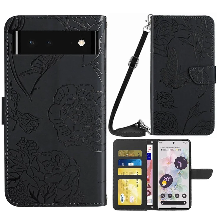 Pour Google Pixel 6 Sac À Toucher Skin-Touch Sac Coeur Sac De Téléphone Portable, Stand Porte-monnaie Portefeuille D'impression Portefeuille Avec Bandoulière - Le Noir