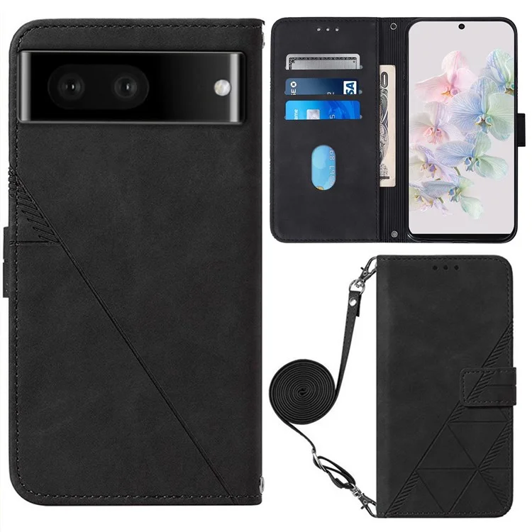 For Google Pixel 7 5G Leather Case with Shoulder Strap Wallet Stand Phone Cover - Black