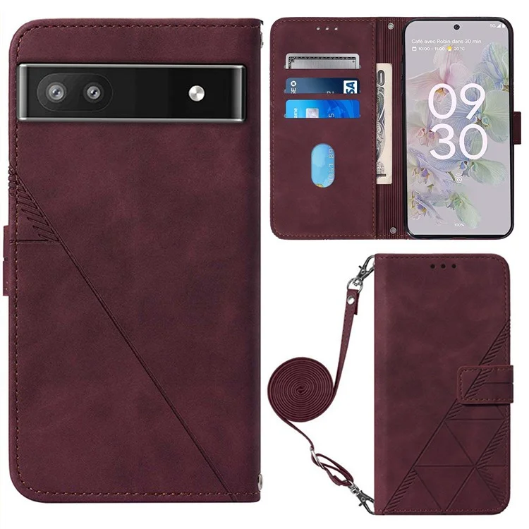 For Google Pixel 6a Leather Case with Shoulder Strap Wallet Stand Phone Cover - Wine Red