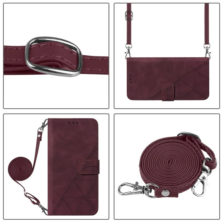 For Google Pixel 6a Leather Case with Shoulder Strap Wallet Stand Phone Cover - Wine Red