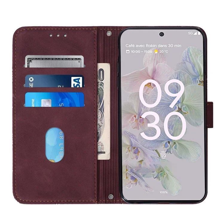 For Google Pixel 6a Leather Case with Shoulder Strap Wallet Stand Phone Cover - Wine Red
