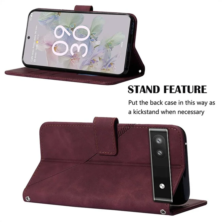 For Google Pixel 6a Leather Case with Shoulder Strap Wallet Stand Phone Cover - Wine Red