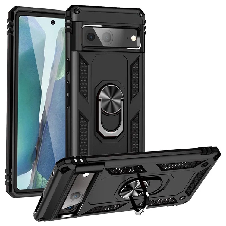 Für Google Pixel 7 Military Grade Stoßfest Anti-Scratch Ring Kickstand PC + TPU Hybrid Phone Case Protector - Schwarz