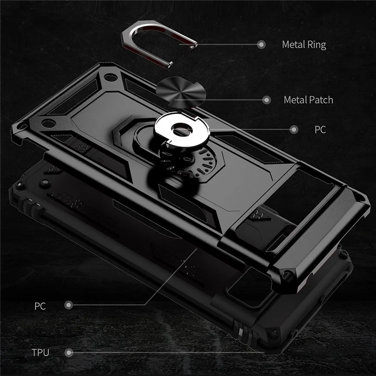 Für Google Pixel 7 Military Grade Stoßfest Anti-Scratch Ring Kickstand PC + TPU Hybrid Phone Case Protector - Schwarz