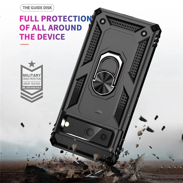 Für Google Pixel 7 Military Grade Stoßfest Anti-Scratch Ring Kickstand PC + TPU Hybrid Phone Case Protector - Schwarz