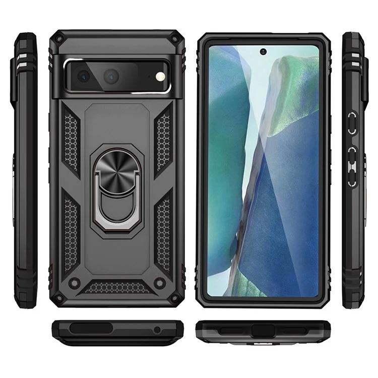 Für Google Pixel 7 Military Grade Stoßfest Anti-Scratch Ring Kickstand PC + TPU Hybrid Phone Case Protector - Schwarz