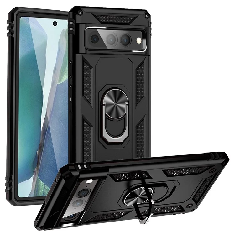 Para la Caja Del Teléfono de Google Pixel 7 Pro, la Cubierta Protectora de TPU de PC Hard Prop de Bups Con la Parada de Patada de Anillo Giratorio - Negro