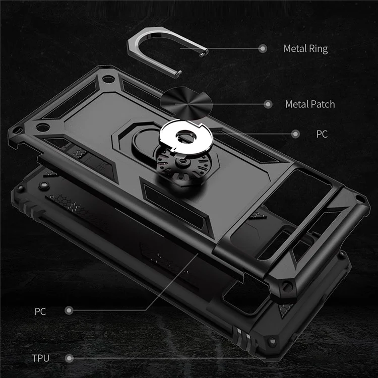 Para la Caja Del Teléfono de Google Pixel 7 Pro, la Cubierta Protectora de TPU de PC Hard Prop de Bups Con la Parada de Patada de Anillo Giratorio - Negro