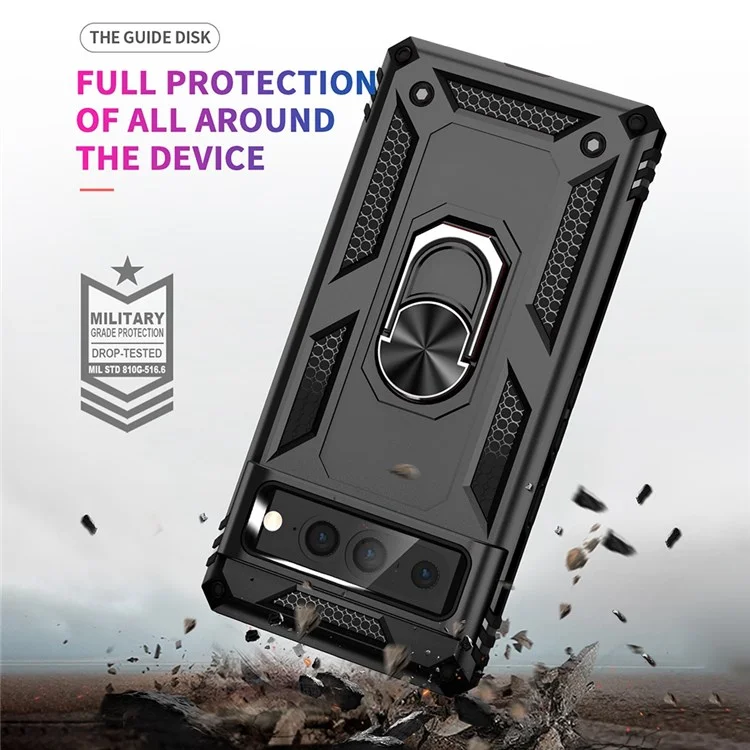 Para la Caja Del Teléfono de Google Pixel 7 Pro, la Cubierta Protectora de TPU de PC Hard Prop de Bups Con la Parada de Patada de Anillo Giratorio - Negro