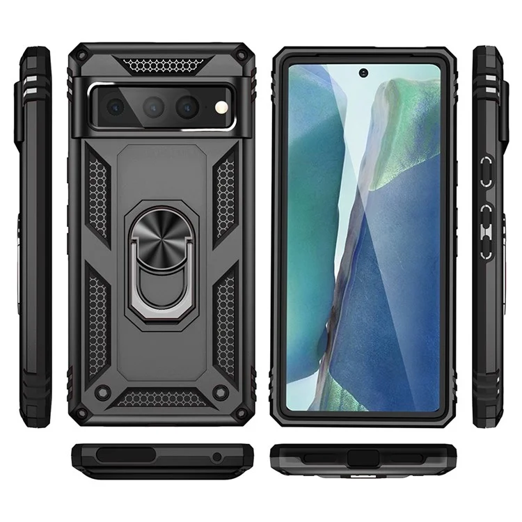 Para la Caja Del Teléfono de Google Pixel 7 Pro, la Cubierta Protectora de TPU de PC Hard Prop de Bups Con la Parada de Patada de Anillo Giratorio - Negro