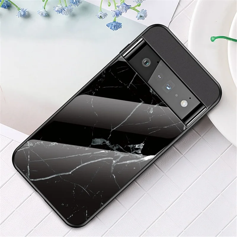 For Google Pixel 7 5G Mobile Phone Case Marble Pattern Tempered Glass + PC + TPU Anti-Scratch Cellphone Cover - Black Marble