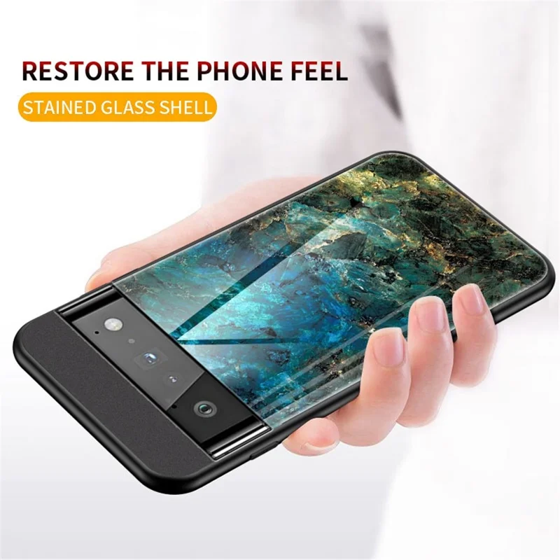 For Google Pixel 7 5G Mobile Phone Case Marble Pattern Tempered Glass + PC + TPU Anti-Scratch Cellphone Cover - Black Marble