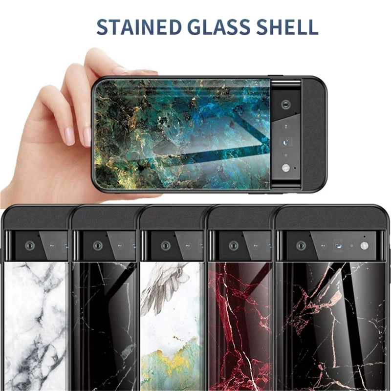 For Google Pixel 7 5G Mobile Phone Case Marble Pattern Tempered Glass + PC + TPU Anti-Scratch Cellphone Cover - Black Marble