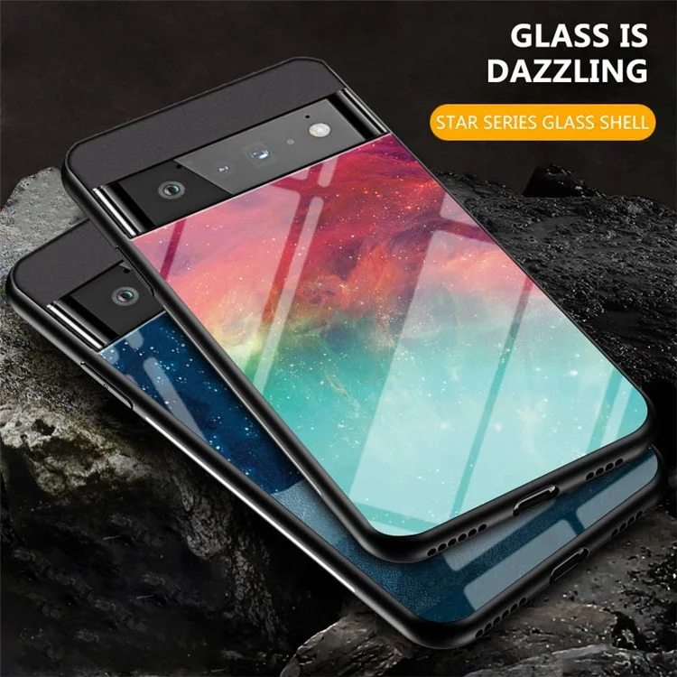 Para Google Pixel 7 Starry Sky Pattern Tempered Glass Back+Hard PC+TPU Protective Cover - Dream Starry Sky