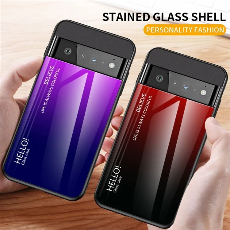 Para Google Pixel 7 Gradient Color Case Tempered Glass + PC Back + Soft TPU Hybrid Slim Cover - Negro