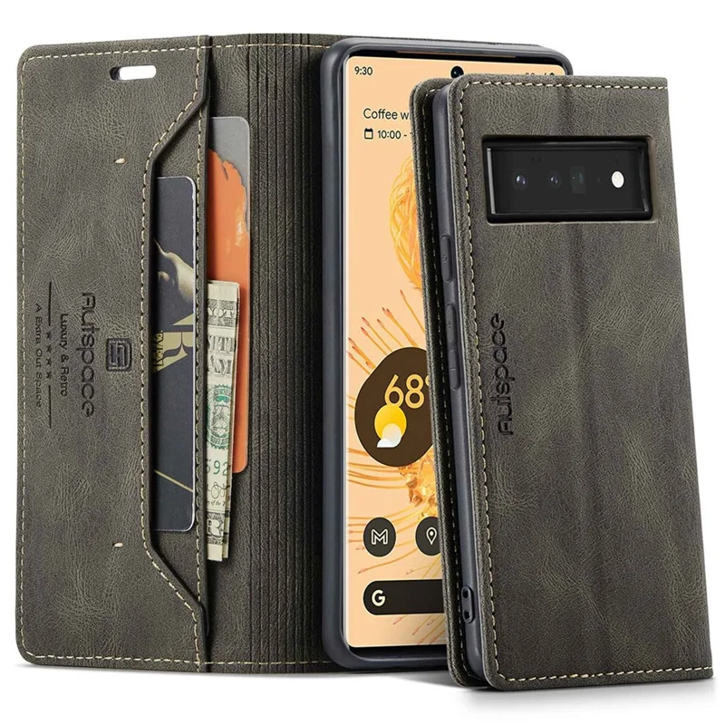 AUTSPACE A01 Series for Google Pixel 6 Pro PU Leather Case RFID Blocking Retro Wallet Stand Flip Cover - Coffee