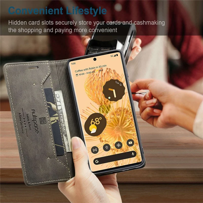 AUTSPACE A01 Series for Google Pixel 6 Pro PU Leather Case RFID Blocking Retro Wallet Stand Flip Cover - Coffee